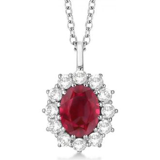 Allurez Oval Gemstone & Diamond Pendant Necklace 14k in White Gold/Red at Nordstrom, Size 18
