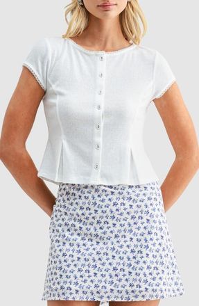 All in Favor Pointelle Stitch Peplum Button-Up Top in Ivory at Nordstrom, Size X-Large
