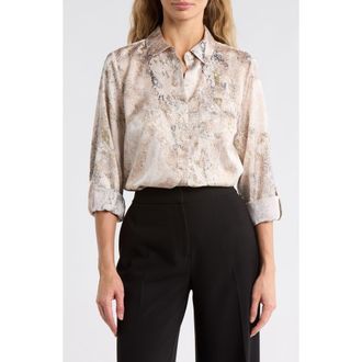 DKNY Printed Satin Roll Tab Top in Coconut/Travertine Multi at Nordstrom Rack, Size X-Small