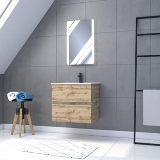 Aurlane Aurlane - Pack Mueble De Ba&ntilde;o 60cm - 2 Cajones Roble + Lavabo Blanco + Espejo Led