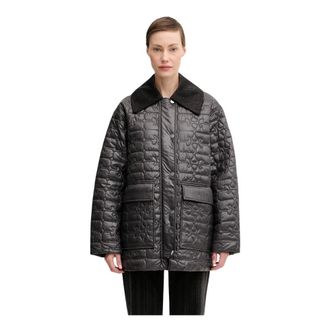 Ganni Jassen, Dames, Grijs, 2Xs/Xs, Leer, Glanzende Quilt Midi Jas