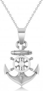 Allurez Mens Anchor With Ships Wheel Pendant Necklace 14k White Gold
