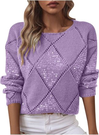 Generic Sequin Top for Women Uk Sparkly Glitter Blouse Shiny Sweatshirt Party Club Tunics Winter Warm Jumpers Elegant Hollow Out Long Sleeve Crew Neck Tee Lad