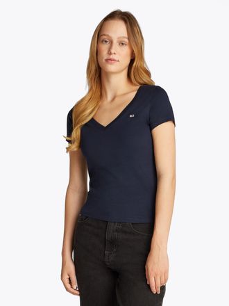 Tommy Jeans Kurzarmshirt TOMMY JEANS TJW SLIM V-NECK TEE, Damen, Gr. XL (42), blau (schwarz night navy), Single Jersey, Obermaterial: 100% Baumwolle, unifarben, s
