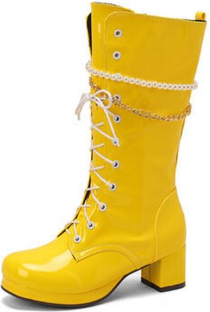 Generic Womens Round Toe Platform Boot with Pearl Patent Leather Short Boots Lace Up Mid-Calf Boots with Side Zipper,Yellow,2.5 UK