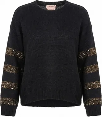 Twin-Set Relaxed Fit Black Knit Sweater with Sequined Sleeves