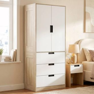 HOMCOM Modern Clothes Storage Cupboard Unit with Hanging Rod, Oak in Light Oak