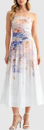 Mila Mae Strapless Fit & Flare Maxi Dress in White Blue Floral at Nordstrom, Size X-Large