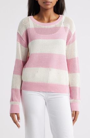 Beach Lunch Lounge Tresa Stripe Crochet Crewneck Sweater in Pink/ivory at Nordstrom, Size X-Large