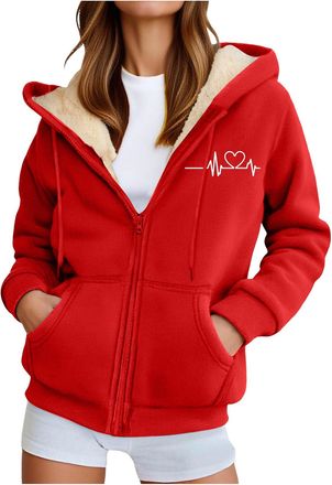 Generic Fleece Zipped Hoodies for Women UK Heart Print Ladies Hoodies Oversized Zip Up Hoodie Women Casual Fall Winter Sweatshirts with Pockets, Fashion Jacke