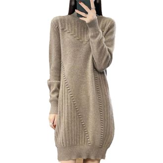 Generic Thick Dress Warm 100% Wool Long Sweater Women Autumn Winter Half High-Neck Cashmere Knit Dress Loose Base Shirt Light Tan