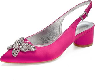 Generic Womens Chunky Heels Pointed Toe Wedding Shoes Satin Low Heels Elegant Bridal Slingback Party Evening Dress Shoes 4.5Cm,Rose red,7 UK
