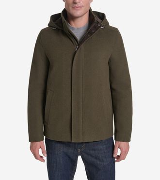 Cole Haan Mens Hooded Wool Field Coat - Medium Green Size Large