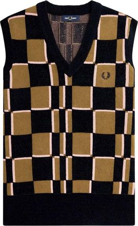 Fred Perry Mens Navy Glitch Chequerboard Shaded Stone Knitted Tank - Brown Cotton - Size X-Small