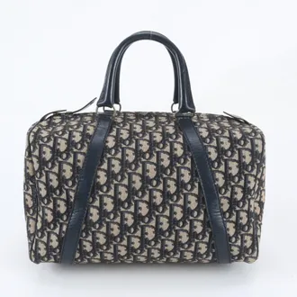 Dior Navy Leather Canvas Boston Bag Handbag Tote Bag (Pre-Owned)