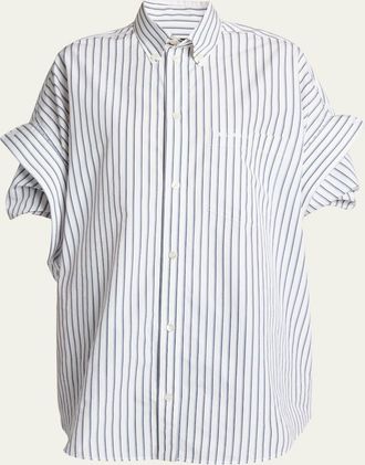 Balenciaga Tucked-Sleeve Striped Poplin Shirt