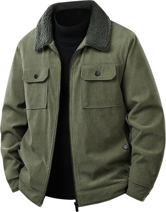 Generic Winter Jackets for Men Fleece Lined Lumberjack Jacket Mens Thick Padded Corduroy Jacket Plain Fluffy Warm Coat Lapel Collar Trucker Jacket Windbreaker