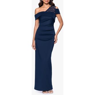 Betsy & Adam One-Shoulder Sheath Dress in Navy/Nude/Navy at Nordstrom, Size 14P