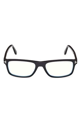 Tom Ford 53mm Rectangular Blue Light Blocking Glasses in Shiny Black /T Logo at Nordstrom