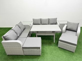 Fimous 9 Seater Poly Rattan Outdoor Garden Furniture Rectangular Dining Table Sofa Set Patio 3 Seater Sofa Reclining Chair 3 Seater Sofa 2 Big