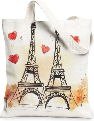 Generic Paris Tower Canvas Tote Bags, Heart Print Reusable Grocery Bags, Spring Vintage Lightweight Washable Shoulder Strap Canvas for Travel 13x15 Inch