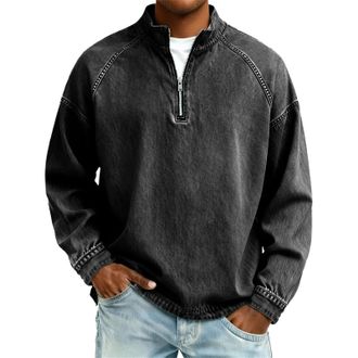 Generic DENGJIAMY Mens Quarter Zip Pullover Fashion Collar Denim Shirt Long Sleeve Classic Casual Jean Tops Winter Tops Plus Size Vintage Sweatshirt (Black, S