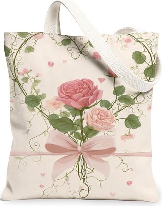 Generic Floral Canvas Tote Bags, Elegant Flower Pattern Reusable Grocery Bags, Spring Linen Lightweight Washable Shoulder Strap Can, Peach, 13x15 Inch