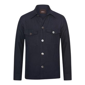 Oscar Jacobson Navy Linnen Overshirt Regular Fit - Heren - Zomerjassen - Blauw - L - Linnen - Jassen