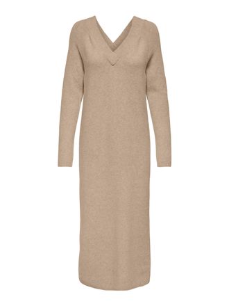 Only Strickkleid ONLY ONLJEANETT LIFE LS V-NECK DRESS CC KNT, Damen, Gr. XS (34), N-Gr, beige (humus detail:melange), Strick, Obermaterial: 88% Polyester, 