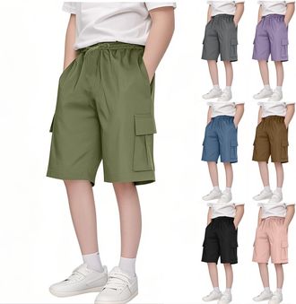 Generic Boys Pull On Cargo Shorts Y2K Elasticated Waist Kids Baggy Knee Length Shorts Solid Color Summer Joggers Gym Sports Trousers Outdoor Plain Pockets (Bl