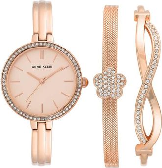 Anne Klein Quartz Rose Dial Ladies Watch and Bracelet Set AK/3398RGST
