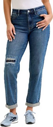 Judy Blue Mid Rise Boyfriend Embroidered Repair Patch Jeans In Medium Wash