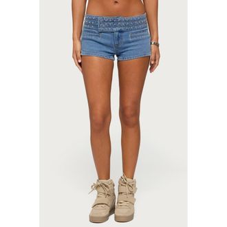 Edikted Odetta Studded Low Rise Denim Shorts in Light-Blue at Nordstrom, Size X-Small