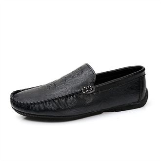 Generic Loafers for Men PU Round Toe Stitching Details Hand Bones Embossed Flexible Lightweight Flat Heel Anti-Slip Comfortable Party Slip-ons(Black,7.5 UK)