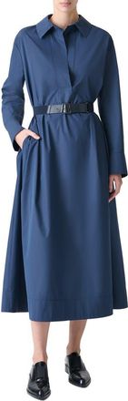 Akris Belted Long Sleeve Cotton & Silk Midi Shirtdress in Denim Blue at Nordstrom, Size 16