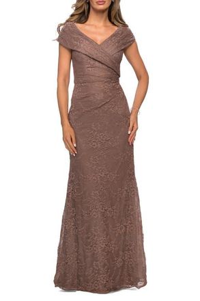 La Femme Lace Off The Shoulder Cap Sleeve Evening Dress in Cocoa at Nordstrom, Size 12