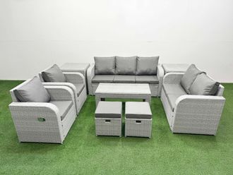 Fimous PE Rattan Garden Furniture Set Adjustable Chair Sofa Double Love Seat 2 Seater Sofa Lounge Set Rectangular Coffee Table 2 Stools 2 Side Table
