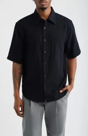 Open Edit Dune Oversize Short Sleeve Jacquard Button-Up Shirt in Black at Nordstrom, Size Xx-Large