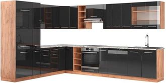 Vicco Cocina Esquinera Fame-line, Antracita Brillo Intenso/roble Dorado El&eacute;ctrico, 347 X 257 Cm, Et M&aacute;rmol