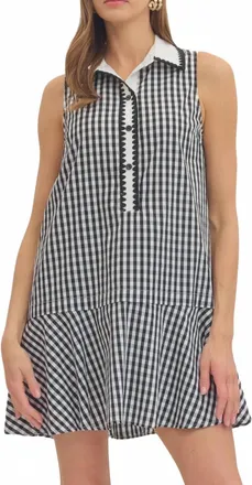 Entro Gingham Cotton Mini Dress In Black