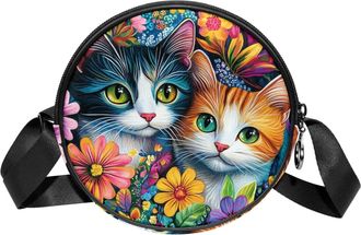 Generic Circle Crossbody Bag for Women, Colored Cats Flowers Small Sling Bag Daypack with Zipper Adjustable Shoulder Straps Casual Ladies Girls Round Purse