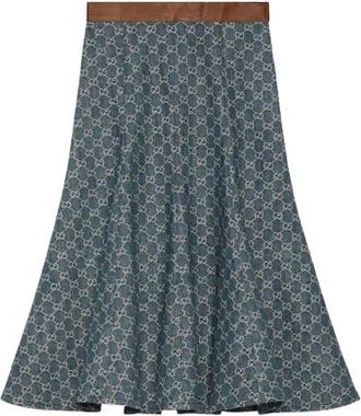 Gucci Monogram Denim Skirt with Leather Trim Size M