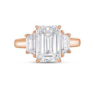 Diana M. Jewels 18kt rose gold lab grown 15ct emerald diamond ring with trapezoids on the sides