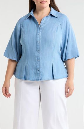 Wit & Wisdom Bubble Sleeve Flare Button-Up Chambray Top in Light Blue at Nordstrom, Size 1 X