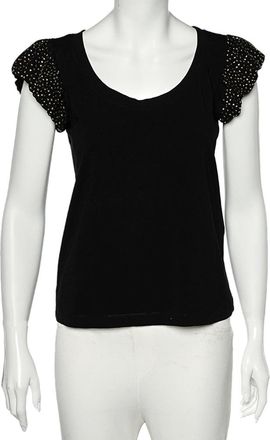 Love Moschino Black Cotton Knit Embellished Puff Sleeve T-Shirt