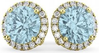 Allurez Halo Round Aquamarine & Diamond Earrings 14k Yellow Gold (4.97ct)