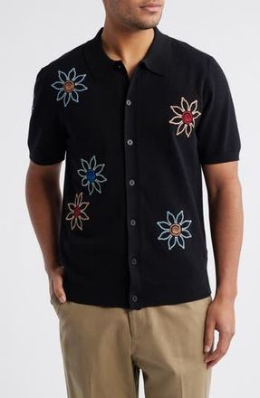 Wax London Tellaro Floral Embroidered Short Sleeve Button-Up Shirt in Black /Multi at Nordstrom Rack, Size Large