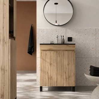 Aurlane Pack Mueble De Ba&ntilde;o 50cm Roble Natural 2 Puertas Con Lavabo Negro