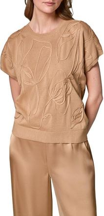DKNY Embroidered Short Sleeve Cotton Sweater in Fawn at Nordstrom, Size X-Large