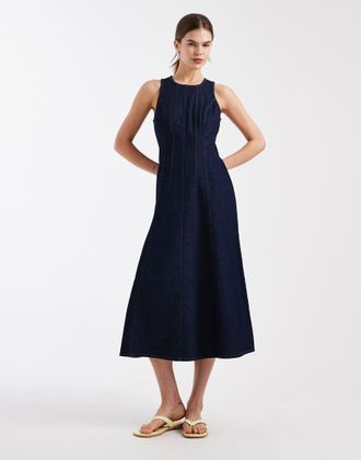 New Look Vestito midi stretto in vita in denim indaco-Blu navy